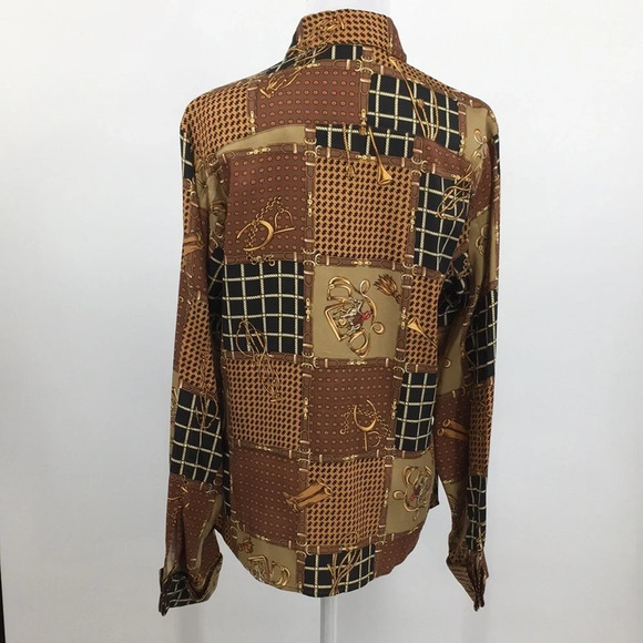 British Khaki Shirt Womens 10 Tan Brown Patchwork‎ Print Button Up Equestrian - Picture 5 of 13